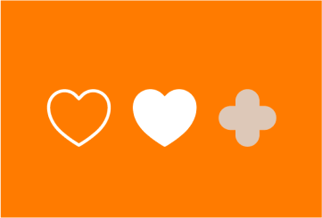 Fundo laranja com dois icones de corações e um icode de cruz medica ao lado.